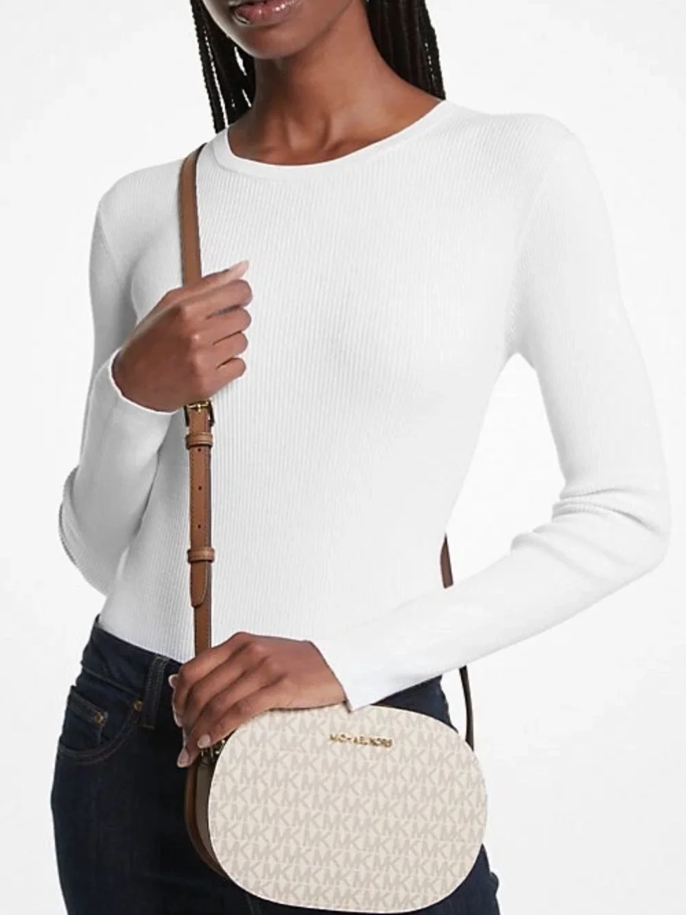 New Michael Kors Jet Set Travel Medium Signature Logo Crossbody Bag Vanilla